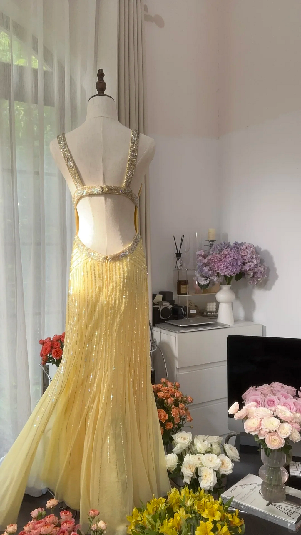 Shiny Yellow Chiffon Sequin Mermaid Long Backless Evening Dress Party Dress Wedding Guest Y9792