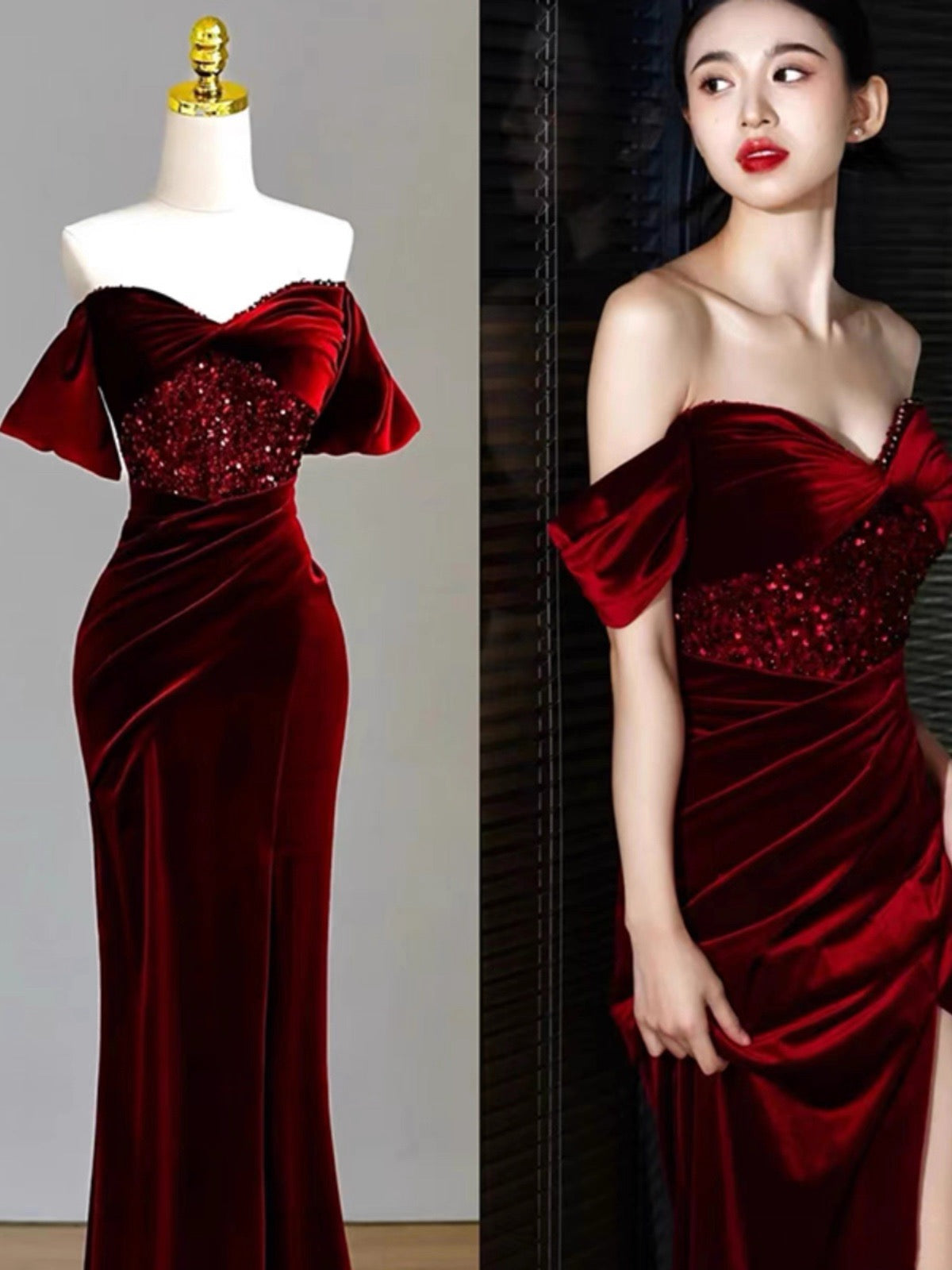 Charming Burgundy Velvet Mermaid Prom Dress Y6602