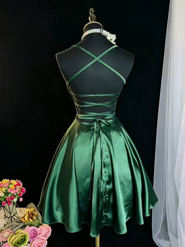 Sexy Spaghetti Strap Satin Mini Cocktail Dress Emerald Green A Line Short 7th Grade Homecoming Dress SP2373