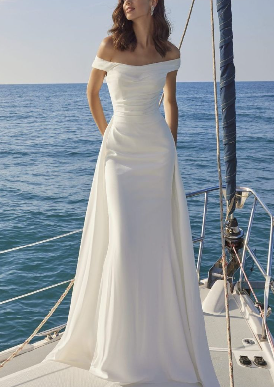 Pretty Off The Shoulder White Satin Mermaid Long Wedding Dress SP898