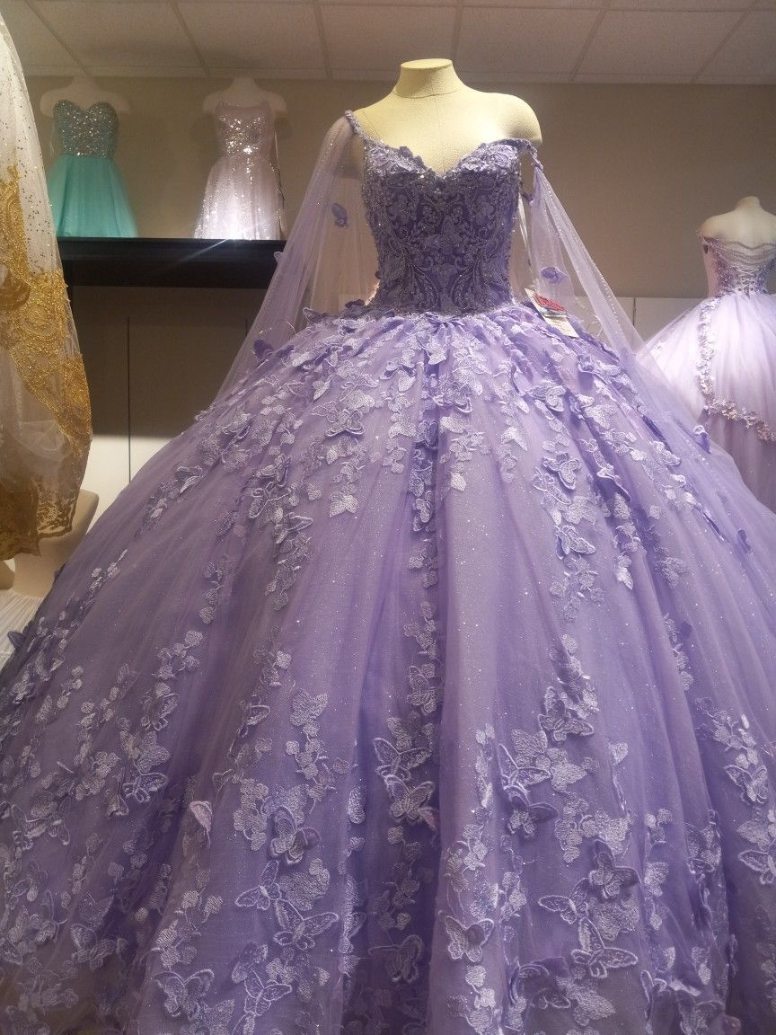 Puffy Ball Gown Quinceanera Dresses Purple with Butterflies Lace Tulle