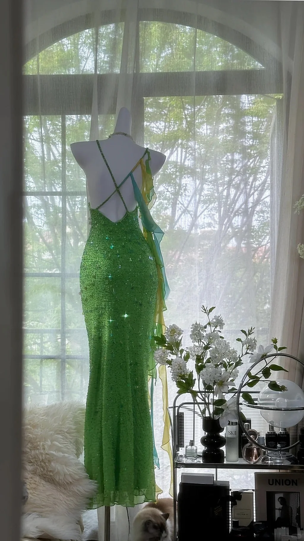 Beautiful Exquisite Sequin Beaded Green Long Chiffon Evening Gown Birthday Party Gown Y9797