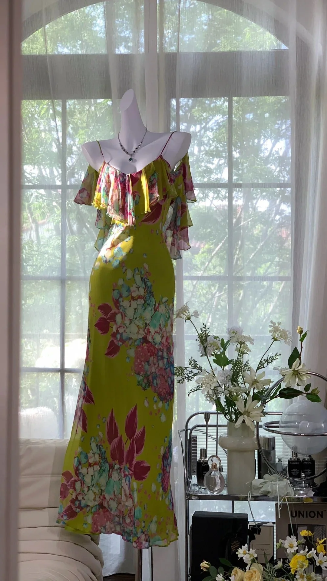 Romantic Green Backless Long Chiffon Print Floral Evening Dress Birthday Party Dress Prom Dress Y9775