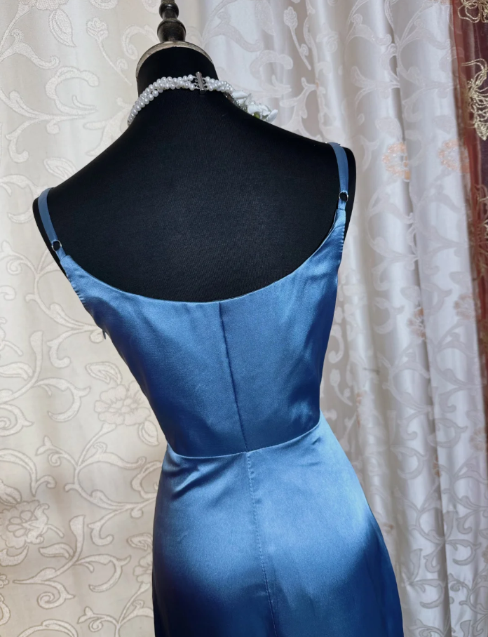 Classy Spaghetti Straps Blue Satin Long Wedding Guest Dress Formal Birthday Evening Dress SP1887