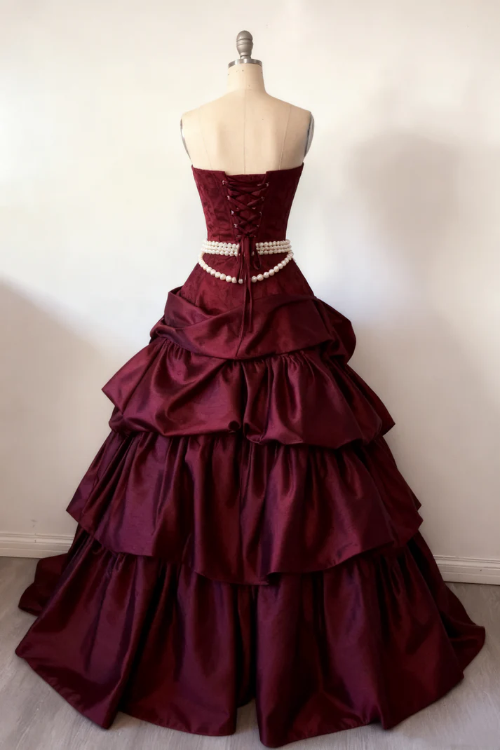 Elegant Strapless Burgundy Satin Pleated Layered Long Party Dress Prom Dresses SP1339