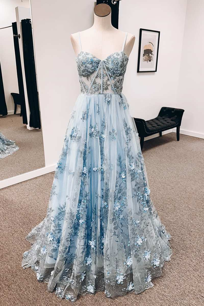 Blue 3D Floral Lace Sweetheart A-Line Long Prom Dress Y3099 Simplepromdress Blue 3D Floral Lace Sweetheart A-Line Long Prom Dress Y3099 Simplepromdress