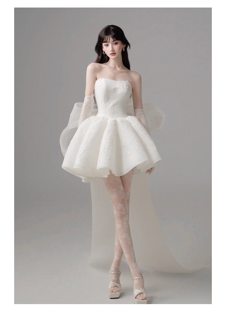 Classy Strapless Organza Appliques White A Line Short Homecoming Dress Formal Birthday Outfits With Bow Y9563