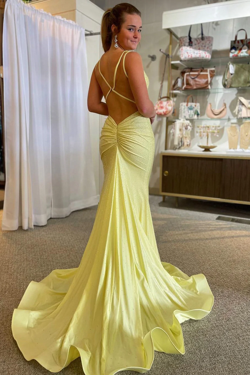 Sparkly Mermaid Spaghetti Straps Yellow Long Prom Dress Y7234