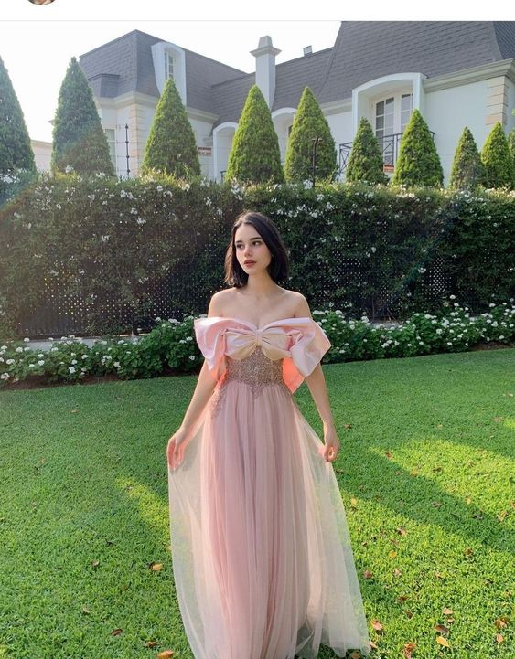 Pink Off The Shoulder Prom Dress,Pink Senior Prom Dress Y5875
