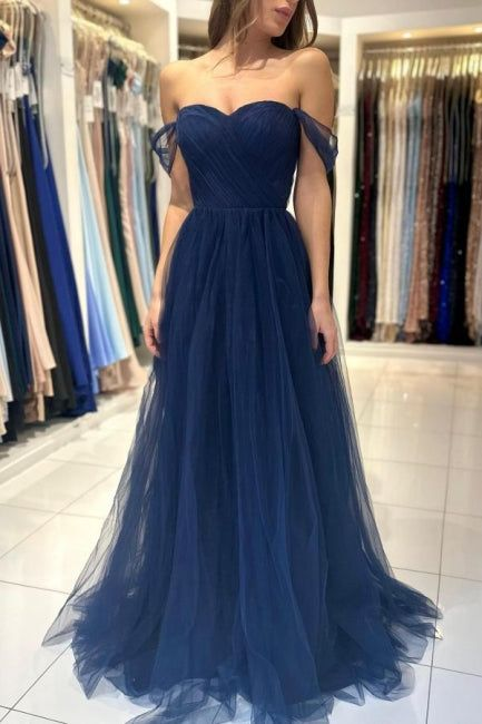Elegant Long Navy Blue Off-the-shoulder A-line Sleeveless Prom Dress Y Simplepromdress Elegant Long Navy Blue Off-the-shoulder A-line Sleeveless Prom Dress Y Simplepromdress
