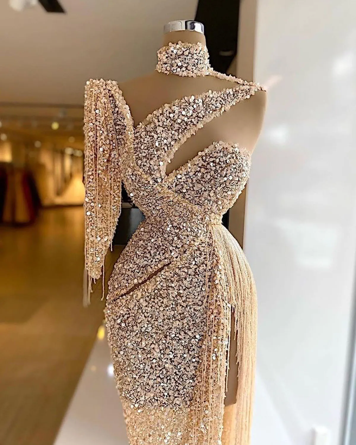 Sparkly Sequin Evening Dress Side Slit Prom Dress One Shoulder Tassels Custom Made Y6411