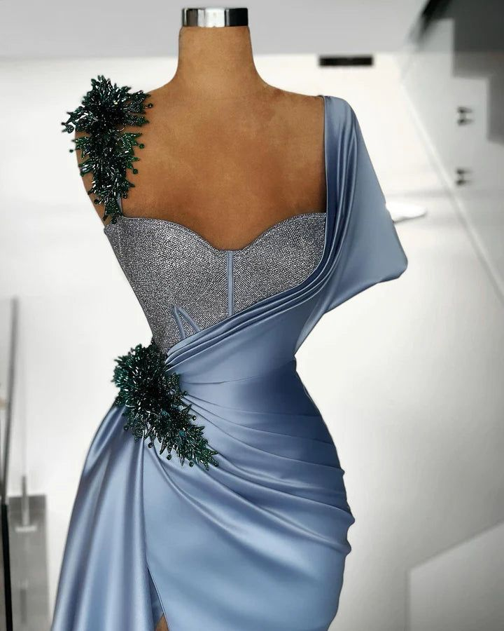 Gorgeous Blue Satin Beaded Mermaid Evening Dress,Long Formal Prom Dress Y8520