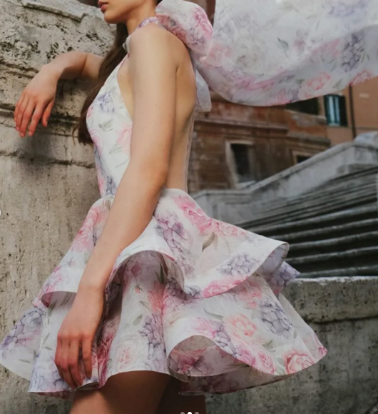 Pink Halter Print Floral Layered A Line Short Formal Birthday Outfits Homecoming Dress Y9548