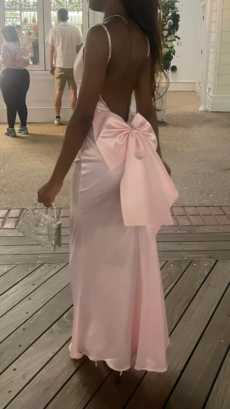 Pink Beaded Spaghetti Straps Prom Dress With Bow,Mermaid Satin Backless Evening Dress Y8754