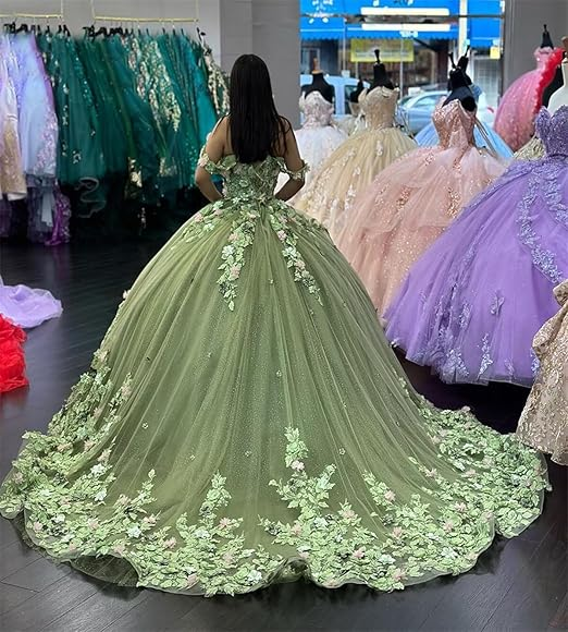 Luxury Green Princess Quinceanera Dresses Off Shoulder 3D Flowers Appliques Ball Gown Y4147