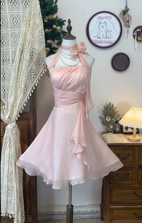Simple Pink Halter Chiffon A Line Homecoming Dress Cocktail Dress Y8884