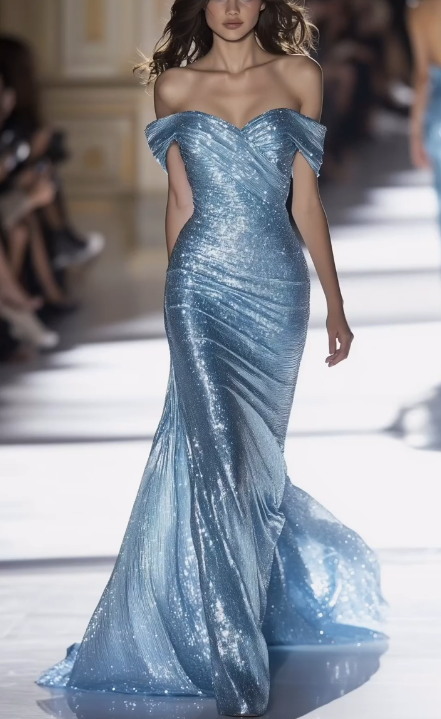 Classy Off The Shoulder Mermaid Evening Dress,Blue Long Prom Dress Y8346