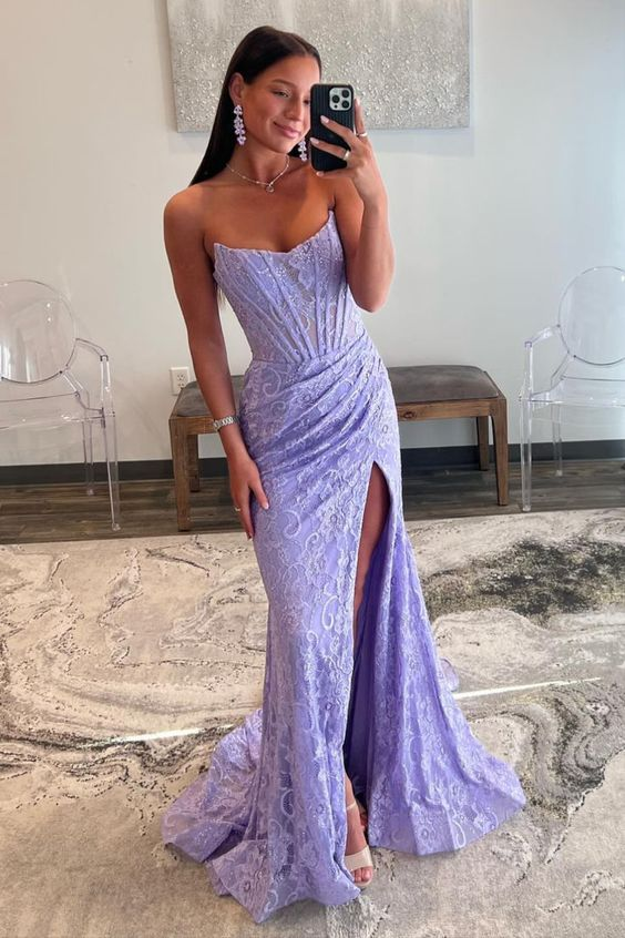 Lavender Strapless Lace Ruched Mermaid Prom Dress with Slit Y6709 Simplepromdress Lavender Strapless Lace Ruched Mermaid Prom Dress with Slit Y6709 Simplepromdress