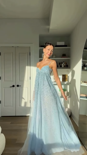 Shiny Spaghetti Straps Light Blue Tulle Sequin Long Wedding Guest Dress Formal Birthday Party Dress SP1403