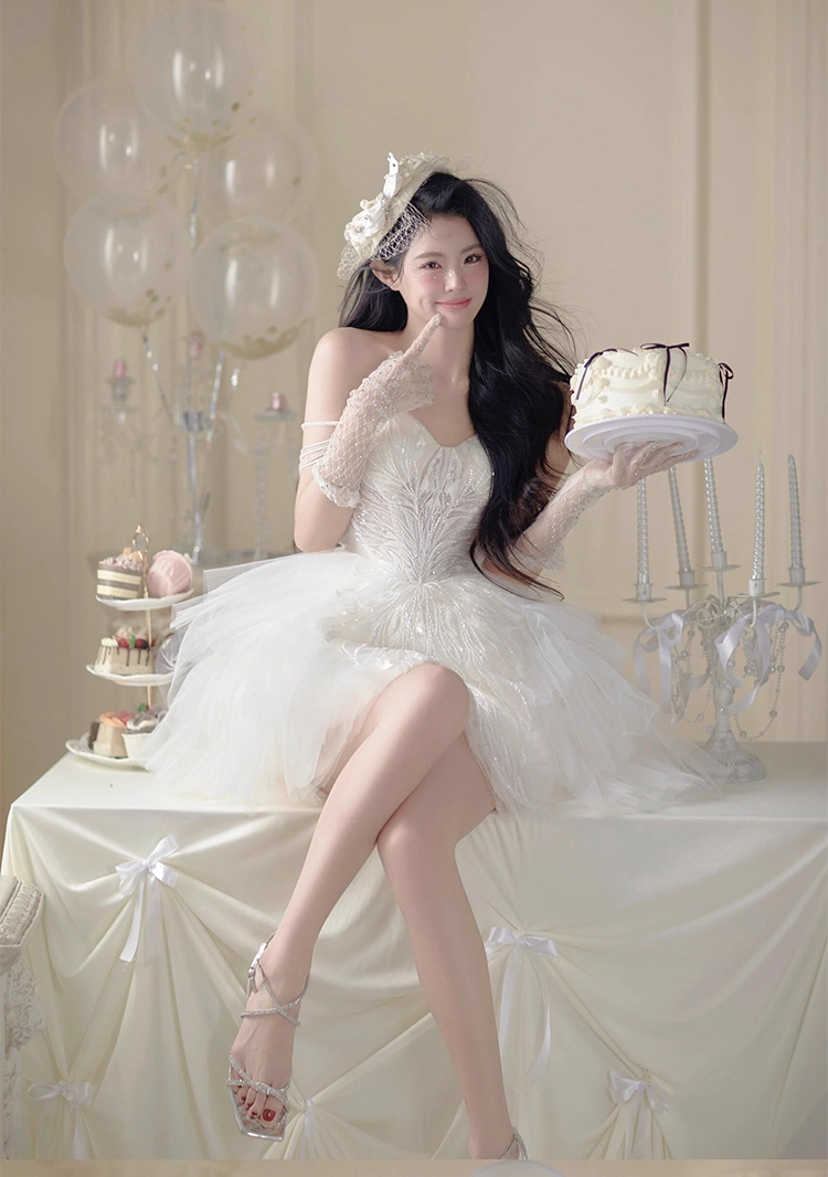 Pretty White Tulle Lace Short Formal 18th Birthday Outfits Homecoming Dress With Gloves Y9364