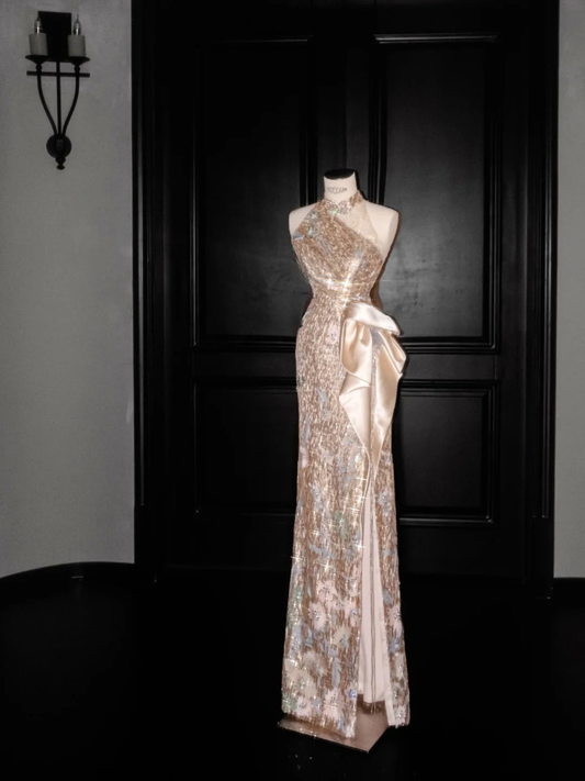 Glitter Champagne Gold Sequin Sheath Prom Dress,Halter Long Evening Dress Y8653