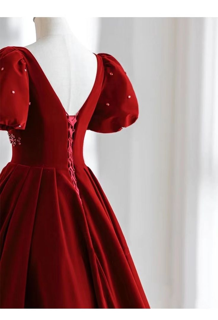 V-neck Evening Dress,Charming Prom dress, Velvet Party Dress,Bubble Sleeve Dress Y4573