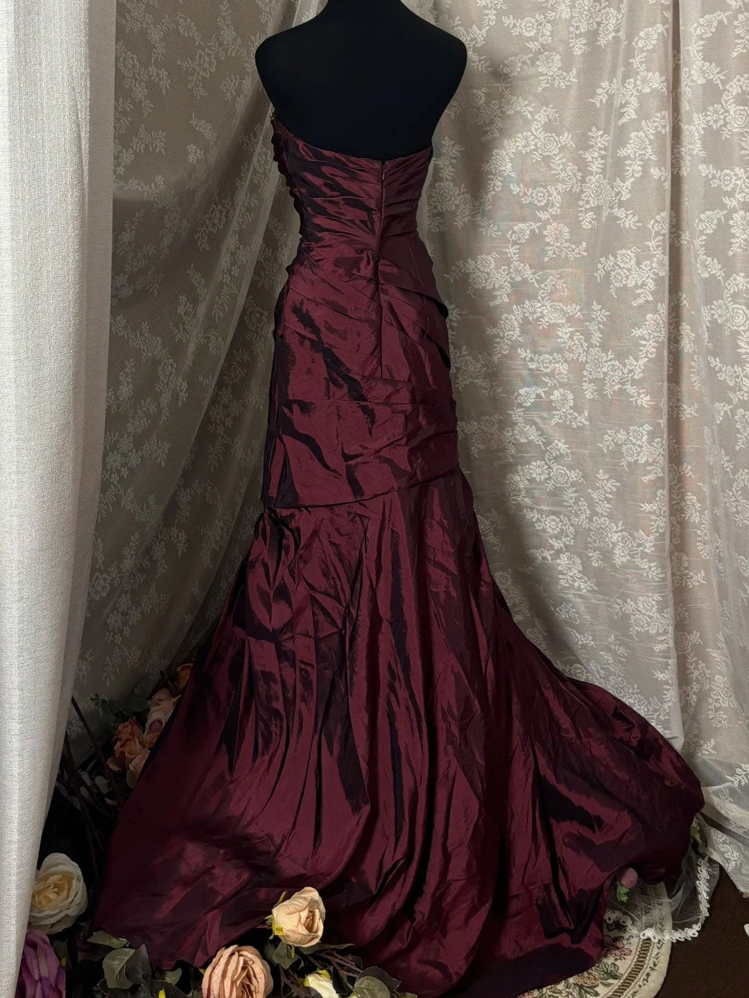 Pretty Burgundy Strapless Beaded Satin Pleated Mermaid Long Wedding Guest Dress Party Dress SP1379