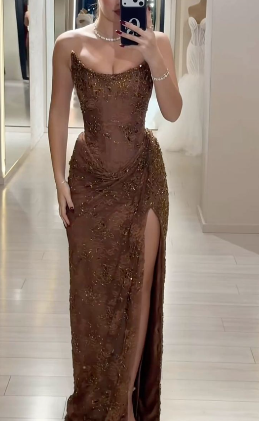 open lace back dress Elegant Strapless Brown Lace Slit Mermaid Prom Dress Long Party Dress –  Simplepromdress