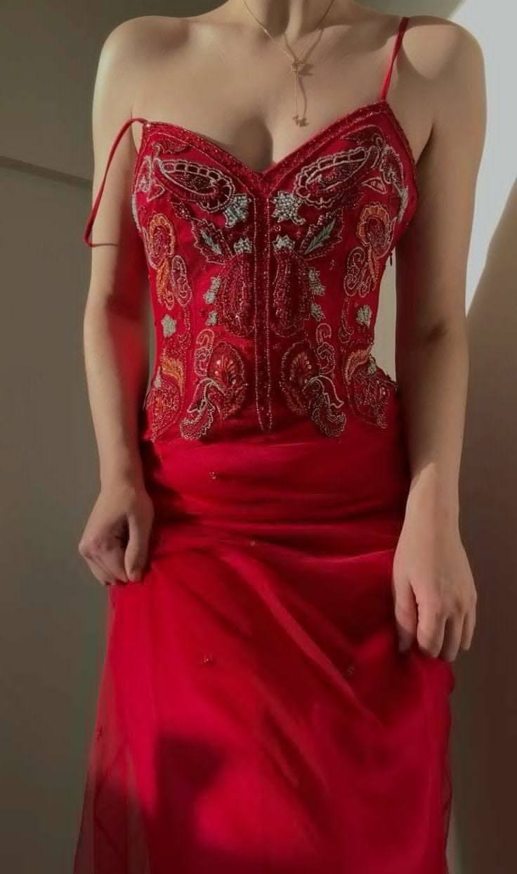 Pretty Spaghetti Straps Red V Neck Chiffon Beaded Mermaid Party Dress Birthday Outfits SP807