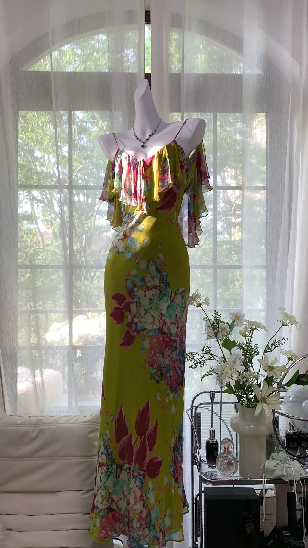 Romantic Green Backless Long Chiffon Print Floral Evening Dress Birthday Party Dress Prom Dress Y9775