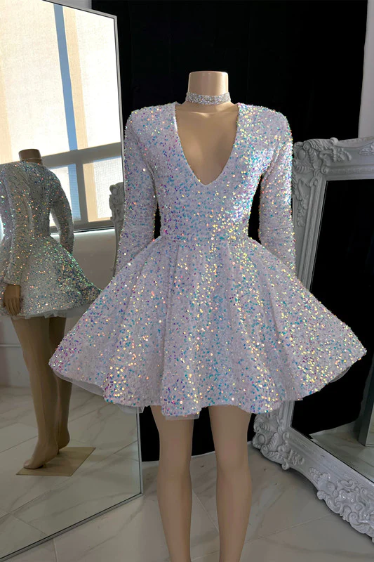 Sparkling V-neck A-line Graduation Dress With Sequins,White Short Home Simplepromdress Sparkling V-neck A-line Graduation Dress With Sequins,White Short Home Simplepromdress