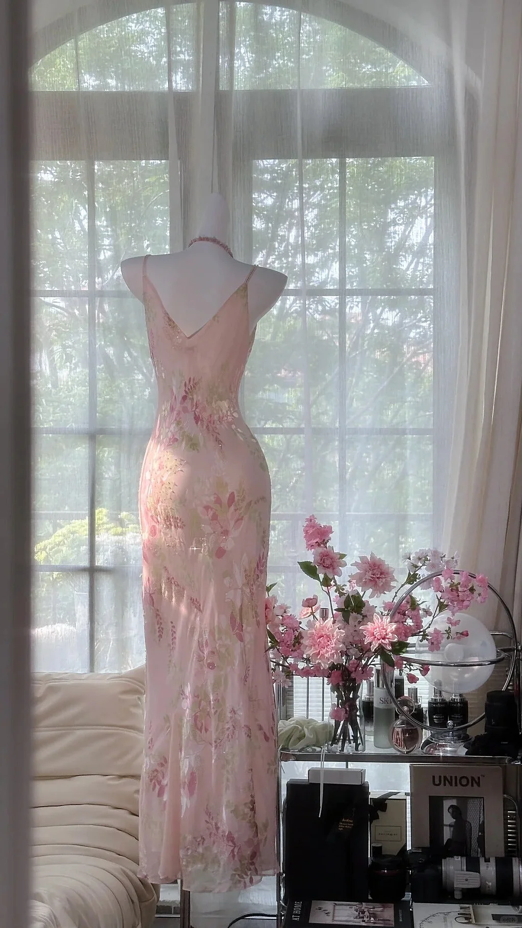 Sweet Pink Delicate Floral Long Chiffon Evening Dress Birthday Party Dress Y9795