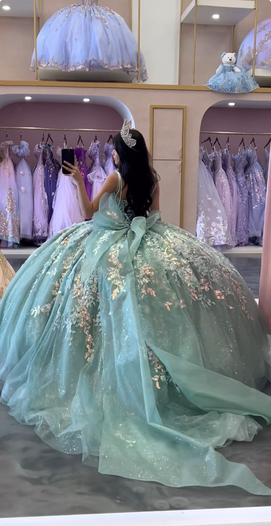 Gorgeous Ball Gown Light Green Tulle Sequin Appliques Quinceanera Dress Sweet 15 Dress With Bow SP4293