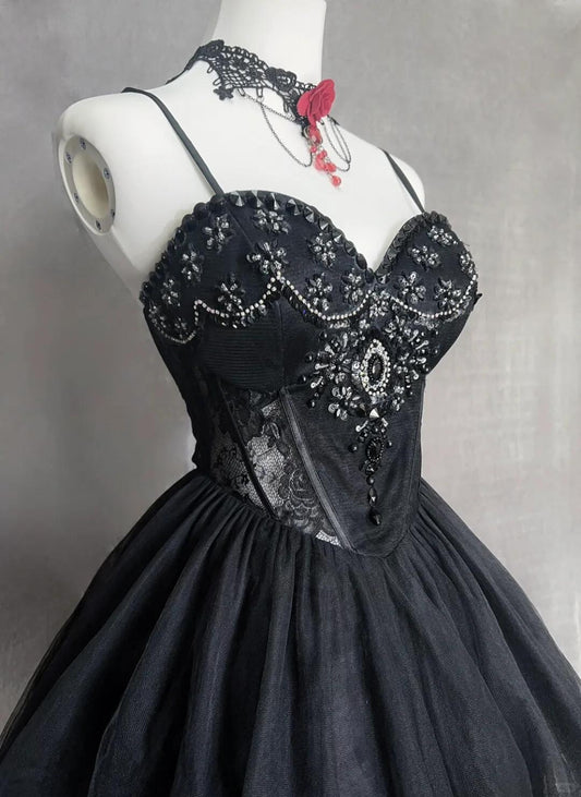 Retro Spaghetti Straps Tulle Beaded A Line Short 9th Grade Homecoming Dress,Black Short Prom Gown SP2916