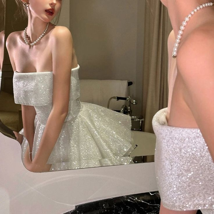 Glitter Tulle Sequin White Short Graduation Homecoming Dress Sexy Strapless Cocktail Dress Birthday Outfits Y9354