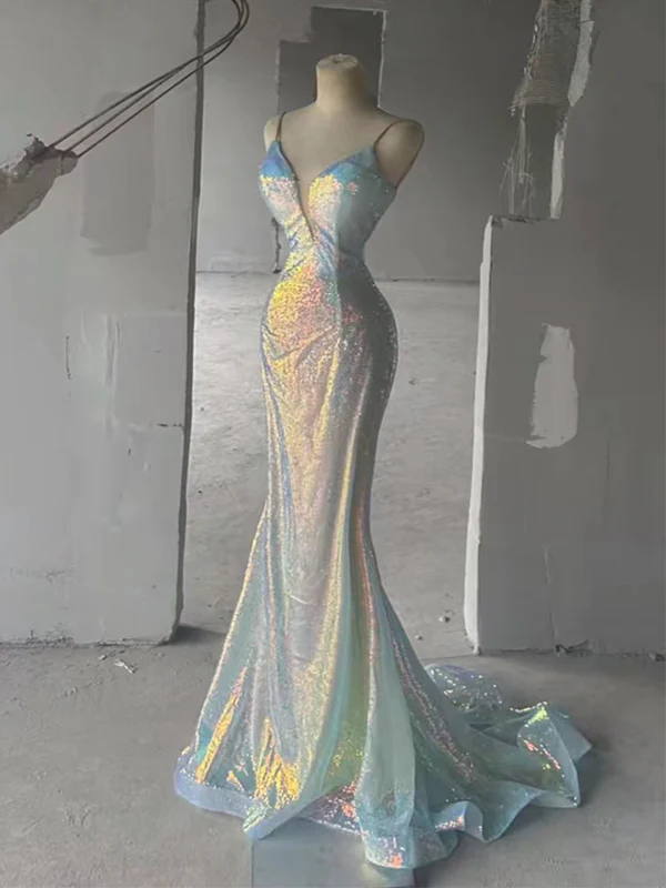 Sparkly Spaghetti Straps Sequins Mermaid V-neck Backless Long Prom Dresses Evening Dresses Y7804