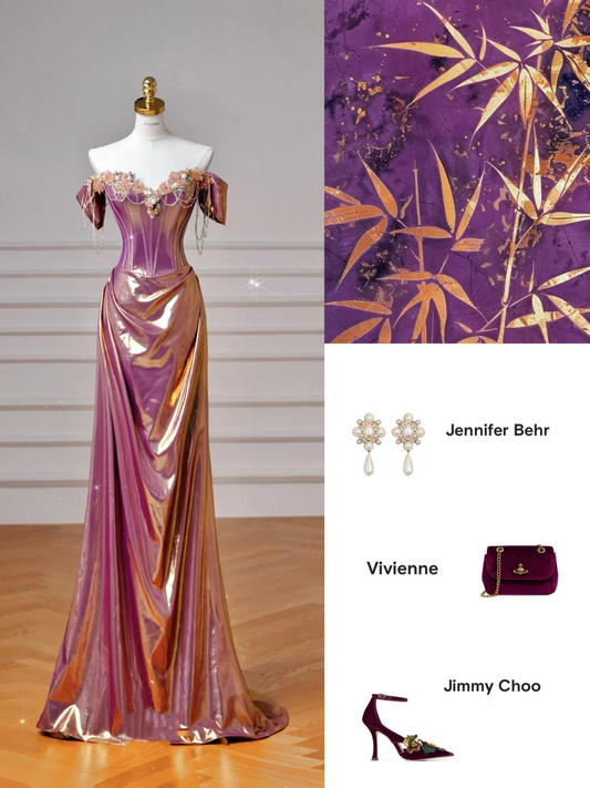 Classy Purple Satin Beaded Mermaid Prom Dress,Off The Shoulder Long Evening Dress Y8605