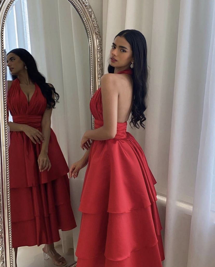 Elegant Red Halter Neckline A-line Prom Dress,Red Party Gown Y5251