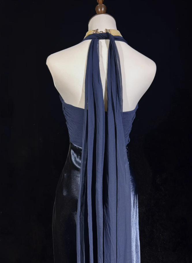 Classy Halter Navy Blue Satin Mermaid Long Wedding Guest Dress Party Dress Prom Gown SP1280