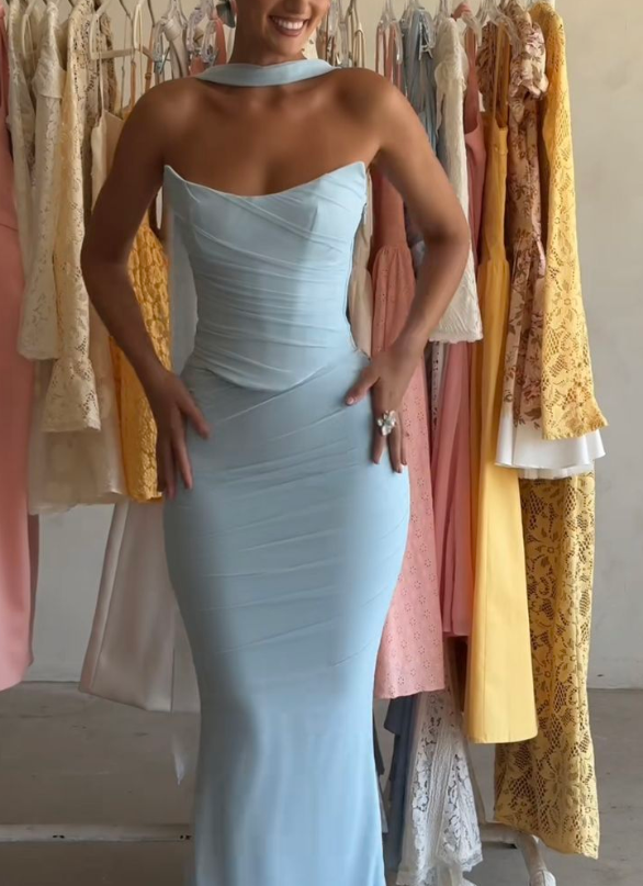 Sexy Strapless Blue Chiffon Prom Dress,Mermaid Party Evening Gown Y8175