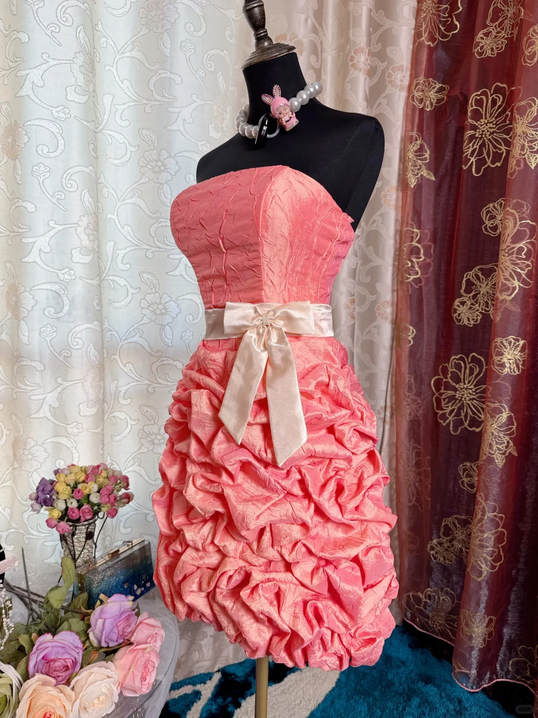 Vintage Strapless Peach Pink Satin Pleated Short Homecoming Dress 20th Birthday Outfits SP84