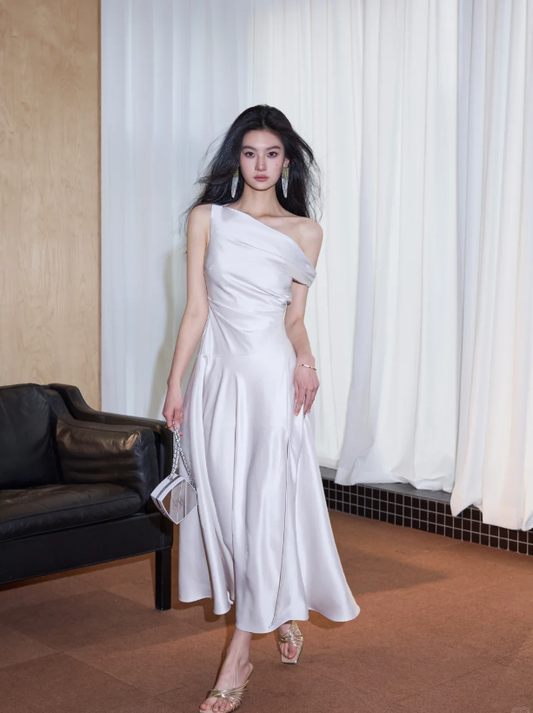 Classy White Satin Slit A Line Long Evening Dress Off The Shoulder Birthday Dress SP2088