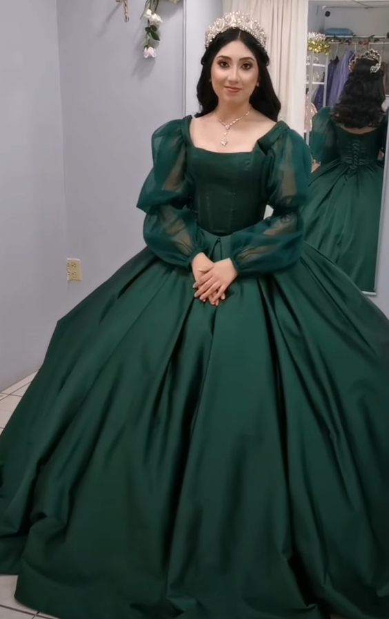 Vintage Green Long Sleeves Ball Gown,18th Birthday Outfit Y7167 Simplepromdress Vintage Green Long Sleeves Ball Gown,18th Birthday Outfit Y7167 Simplepromdress