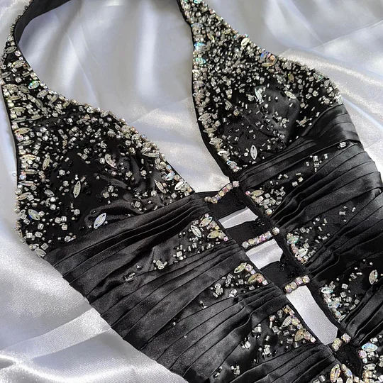 Stylish Black Satin Beaded Mermaid Long Evening Dress Birthday Party Dress Y9771