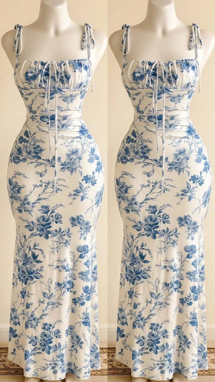 Chic Blue Satin Print Floral Mermaid Long Party Dress Birthday Prom Dress SP971