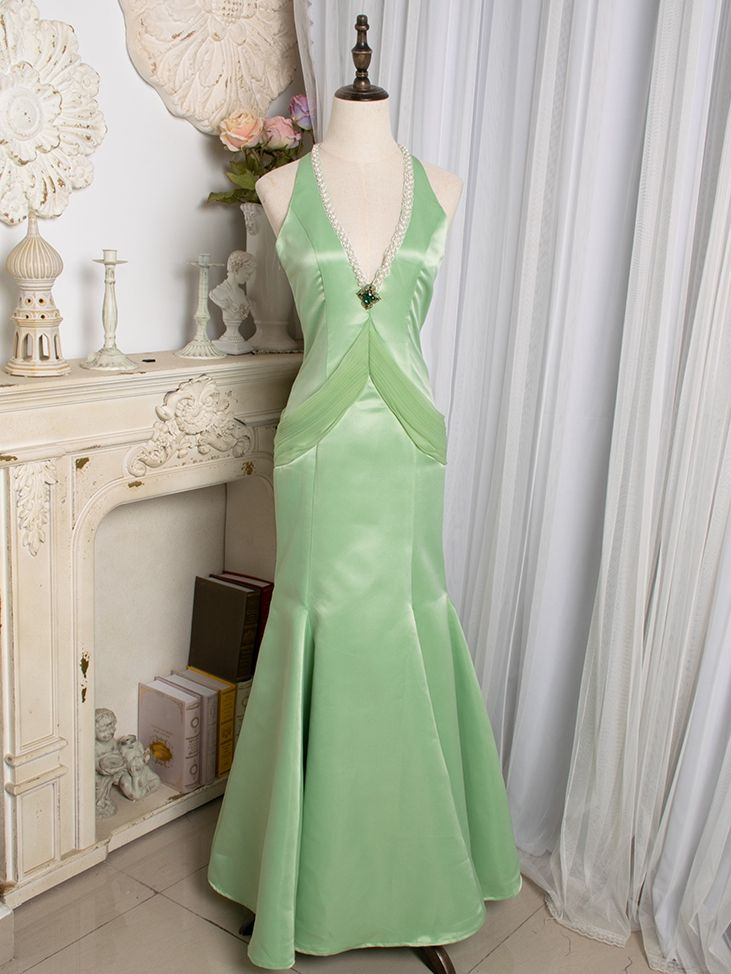 Light Green Cutout Back V-Neck Vintage Mermaid Beads Evening Dress Prom Dress Y8776