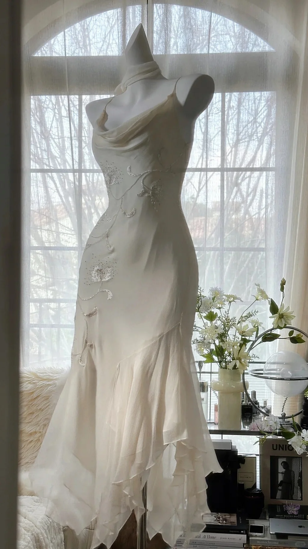 Vintage Ivory Chiffon Beaded Evening Dresses, Elegant Mermaid Party Gowns Y8698