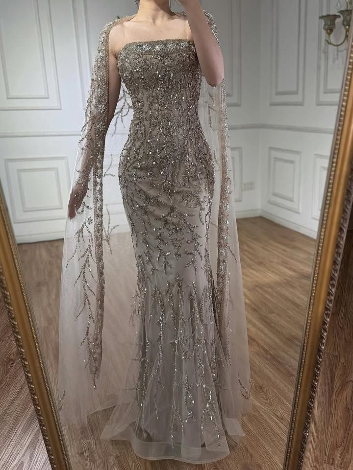 Gorgeous Strapless Gray Tulle Beaded Mermaid Long Party Dress Prom Gown SP1348