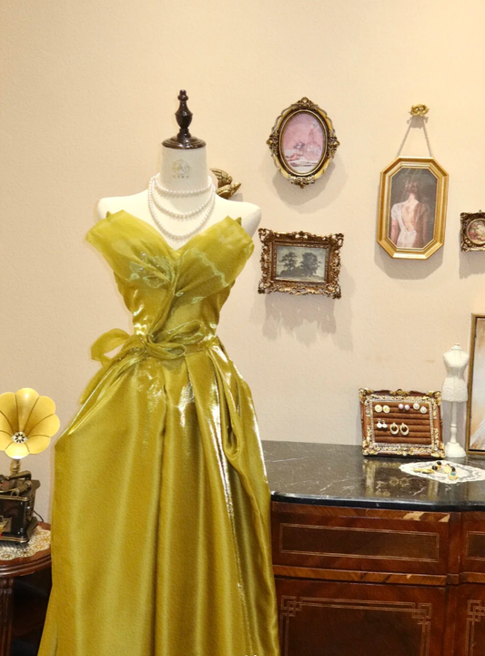 Unique Mustard Green Strapless Satin Tulle Pleated A Line Long Evening Dress Formal Wedding Guest Dress SP1662