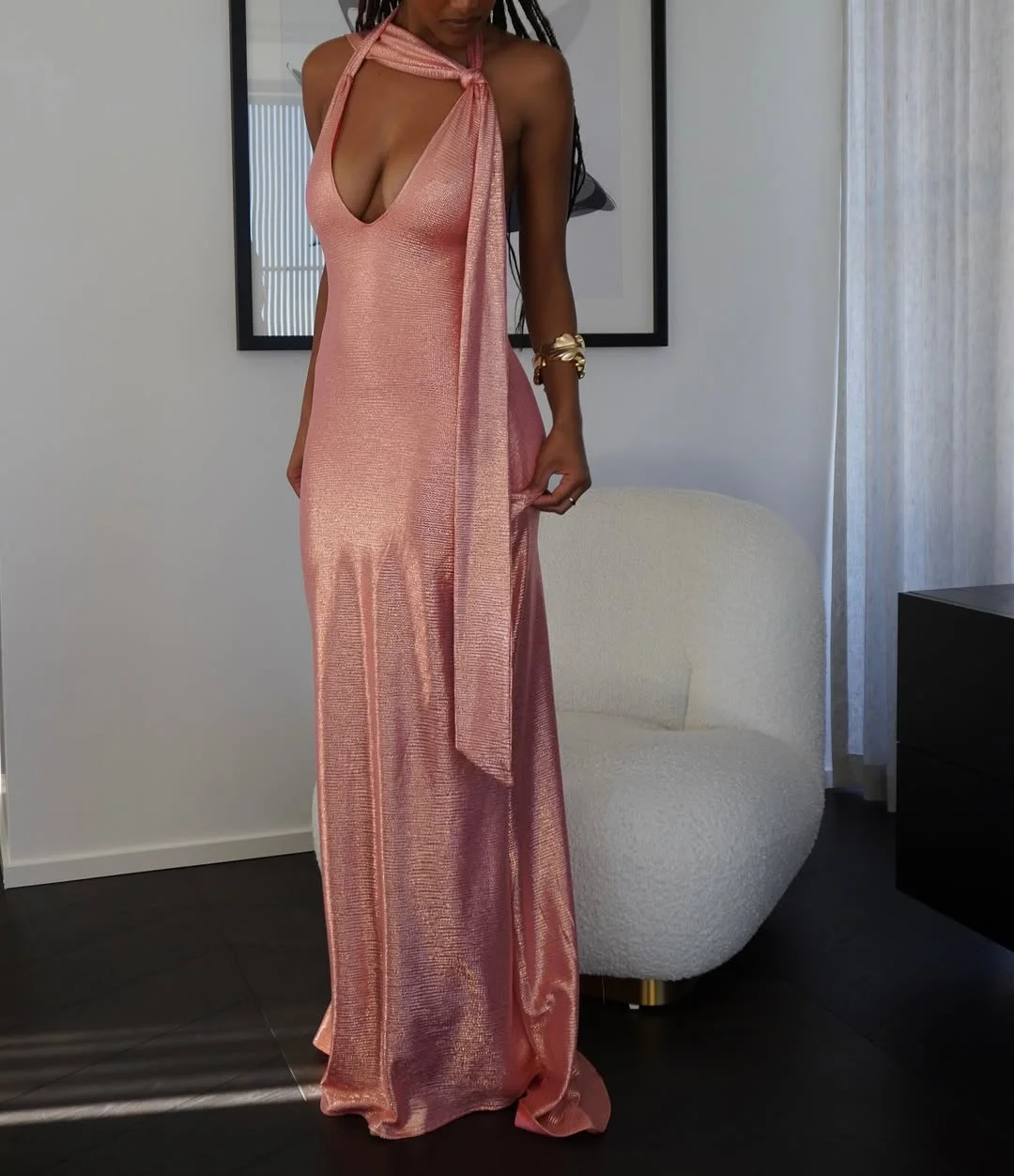 Sexy Deep V Halter Backless Evening Dress,Pink Satin Prom Dress Y8735